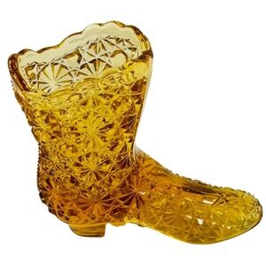 Vintage Fenton Amber Glass Boot Match Toothpick Holder Vase Daisy & Button CUTE